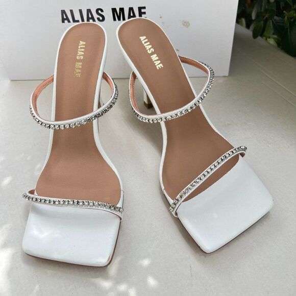 Alias Mae Lexa Mule Heel Sandal Size 39 in Ivory Leather Rhinestoned - Picture 3 of 12